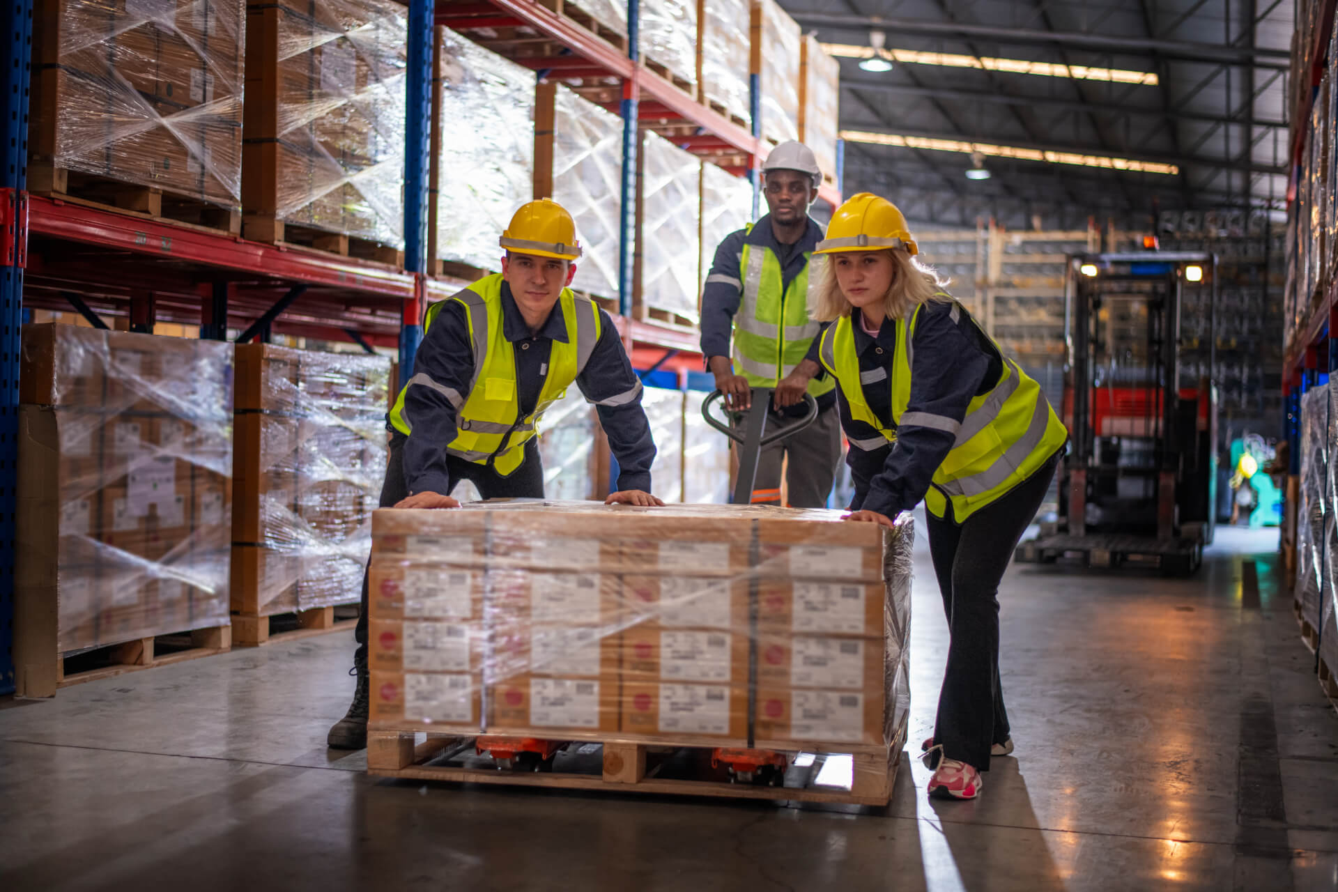 Three Employees Pushing a Bulk Order